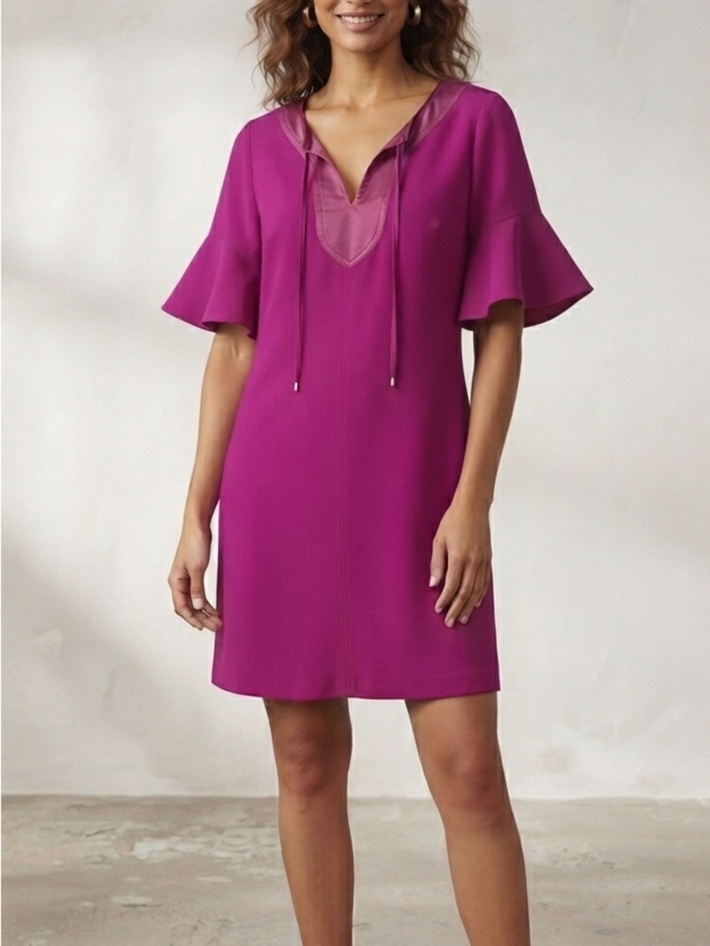 Trina Turk Womens Size 10 Shift dress Fuchsia Pink bell sleeve v neck dress